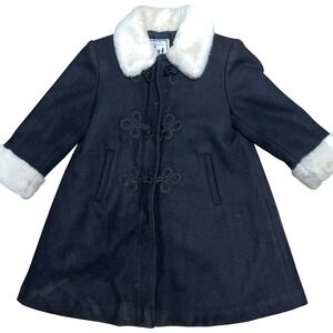 Trilogi Collection | Girls 4T | Black Faux Fur Trimmed Wool Blend Coat